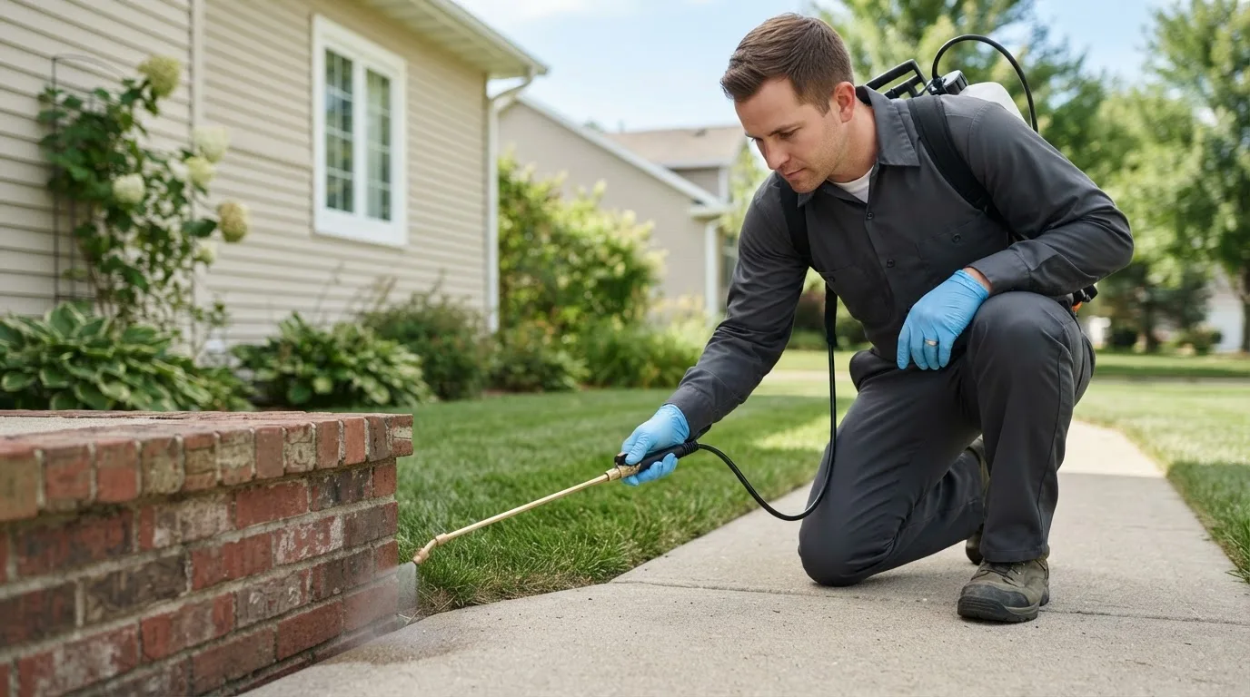 Pest control technician treating a home near Ivanhoe, NC